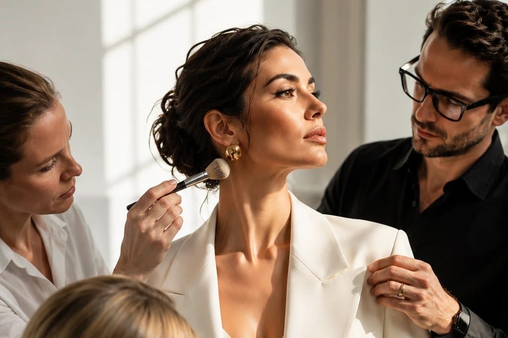 Echipă de styling pregătind o femeie într-un costum crem — proces de consultanță de imagine