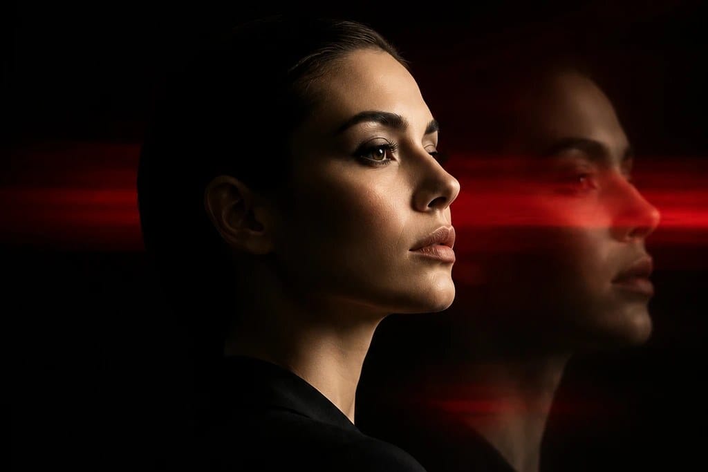 Femeie în profil, cu o dâră roșie de lumină traversându-i chipul — percepția imaginii