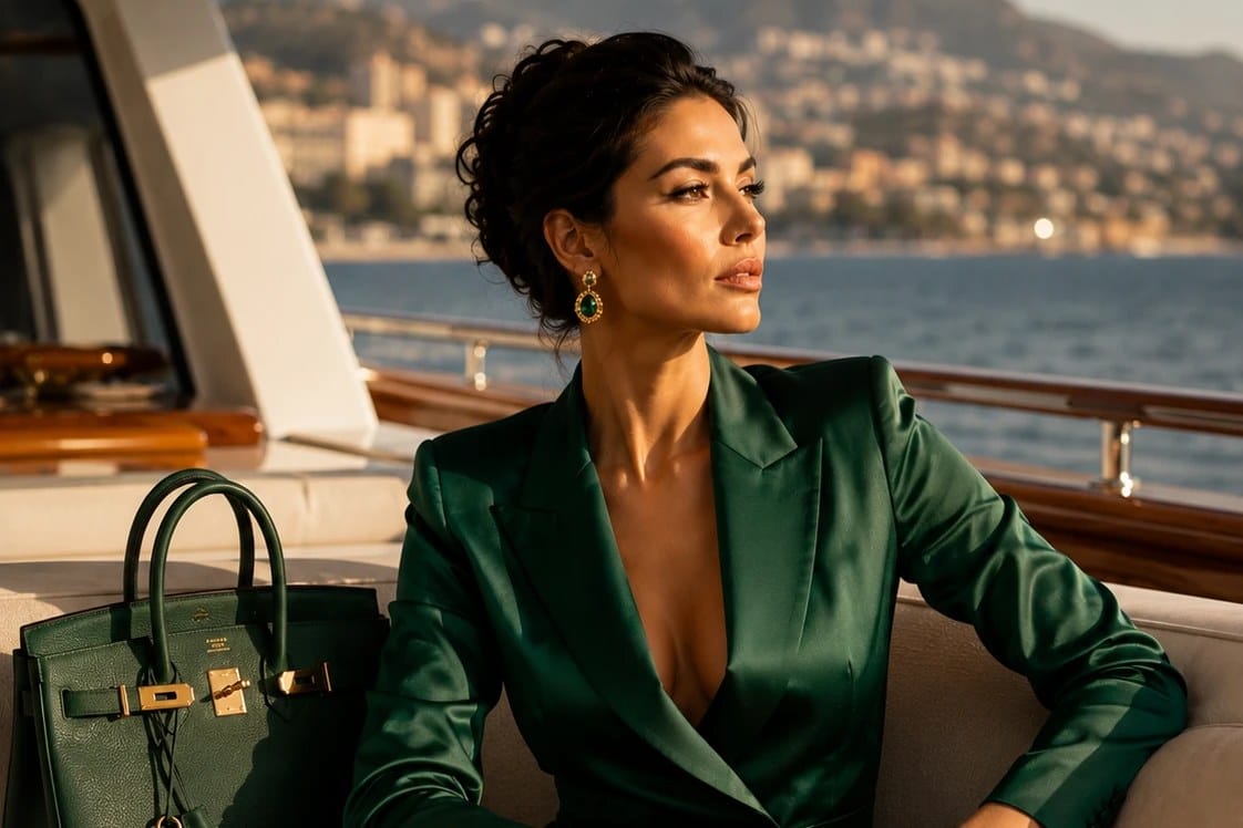 Femeie în costum verde smarald pe un iaht, cu o geantă Birkin — imaginea luxului