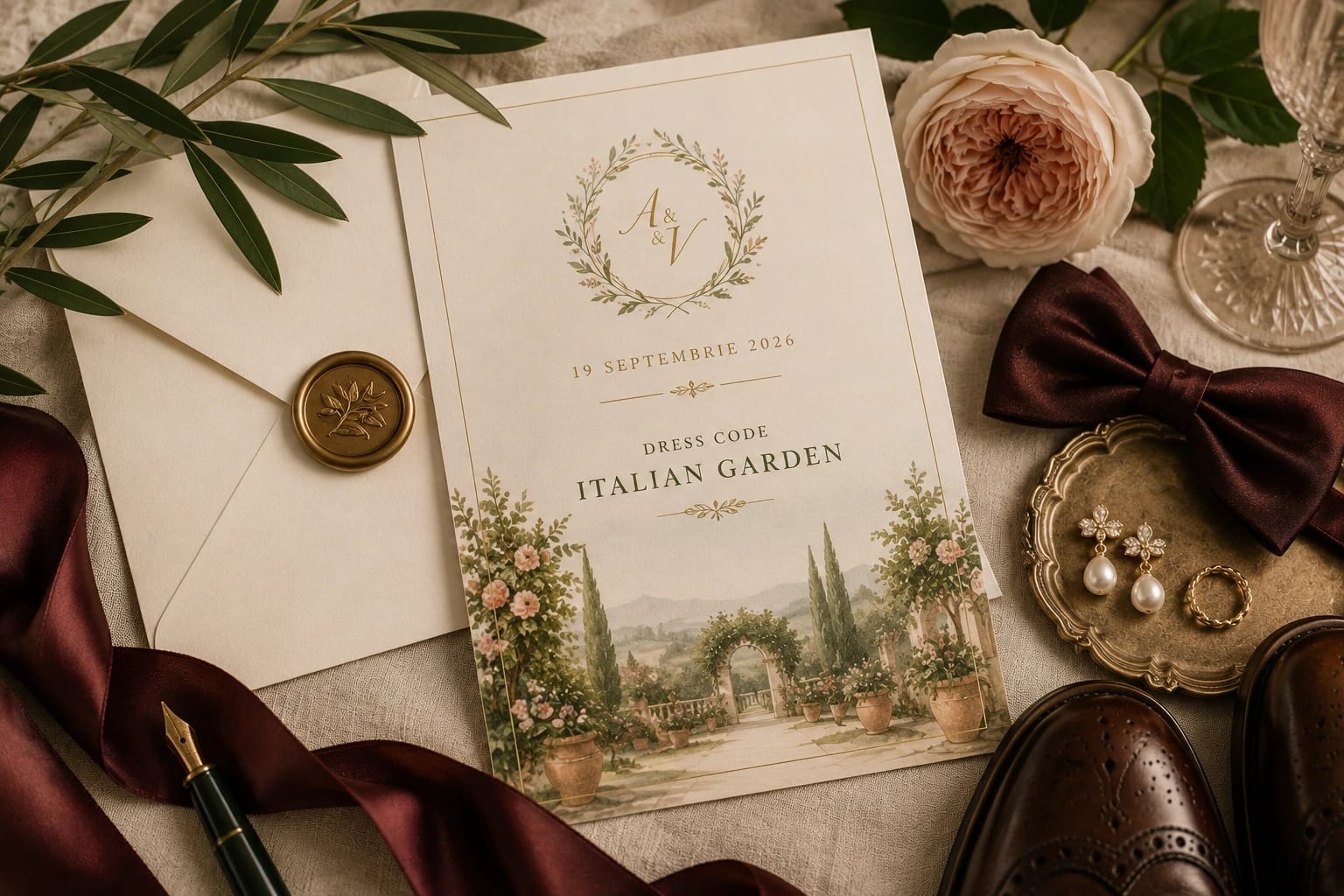 Invitație de nuntă cu mențiunea „Dress Code: Italian Garden", alături de papion, cercei cu perle și pantofi bărbătești