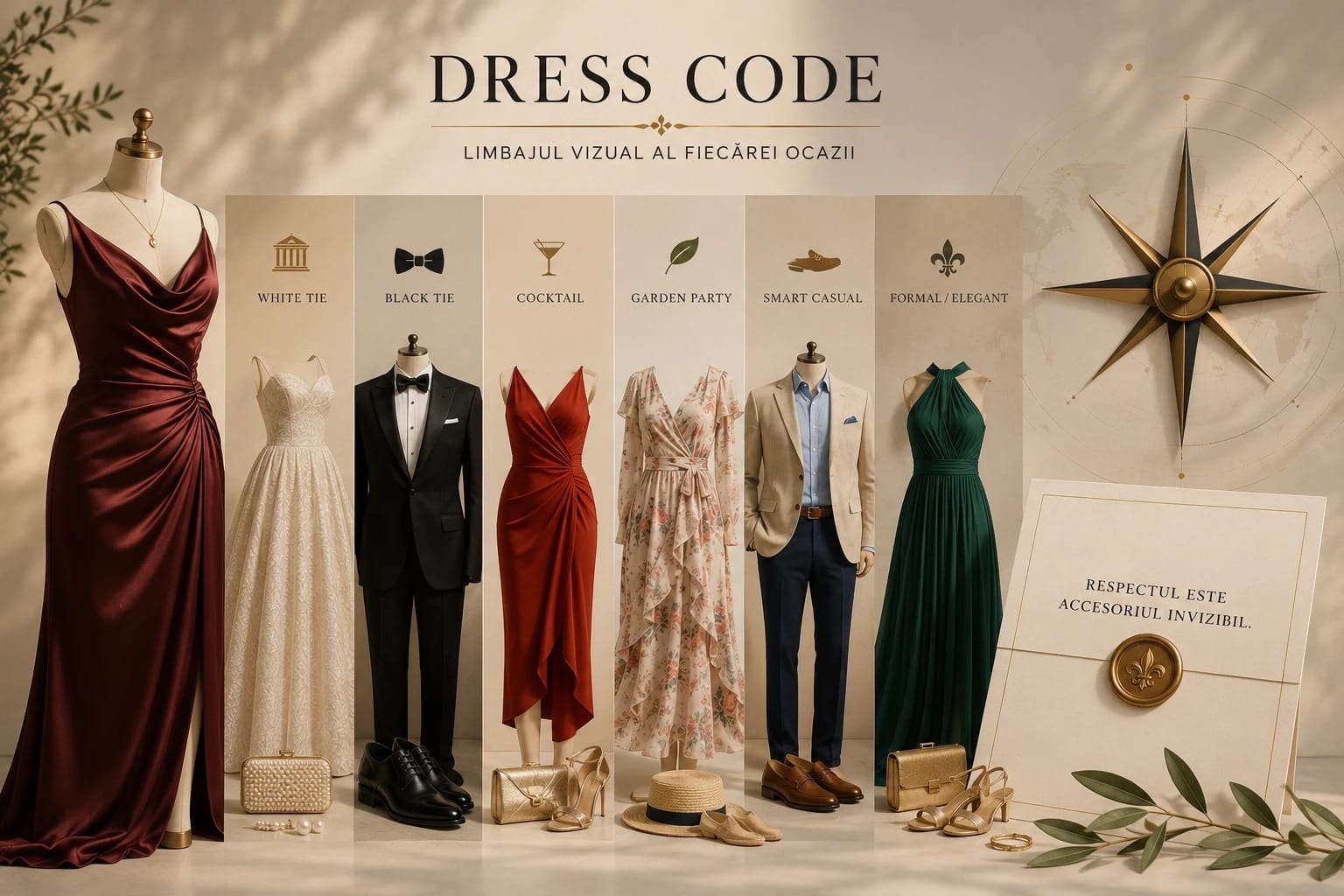 Compas auriu între o rochie de vară deschisă la culoare și un smoking negru, ilustrând Dress Code-ul ca busolă, nu ca sentință