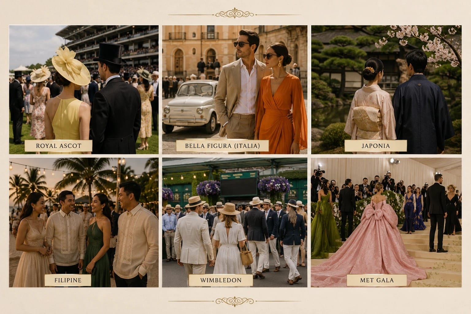 Colaj cu șase coduri vestimentare din lume: Royal Ascot, bella figura italiană, Japonia, Filipine, Wimbledon și Met Gala