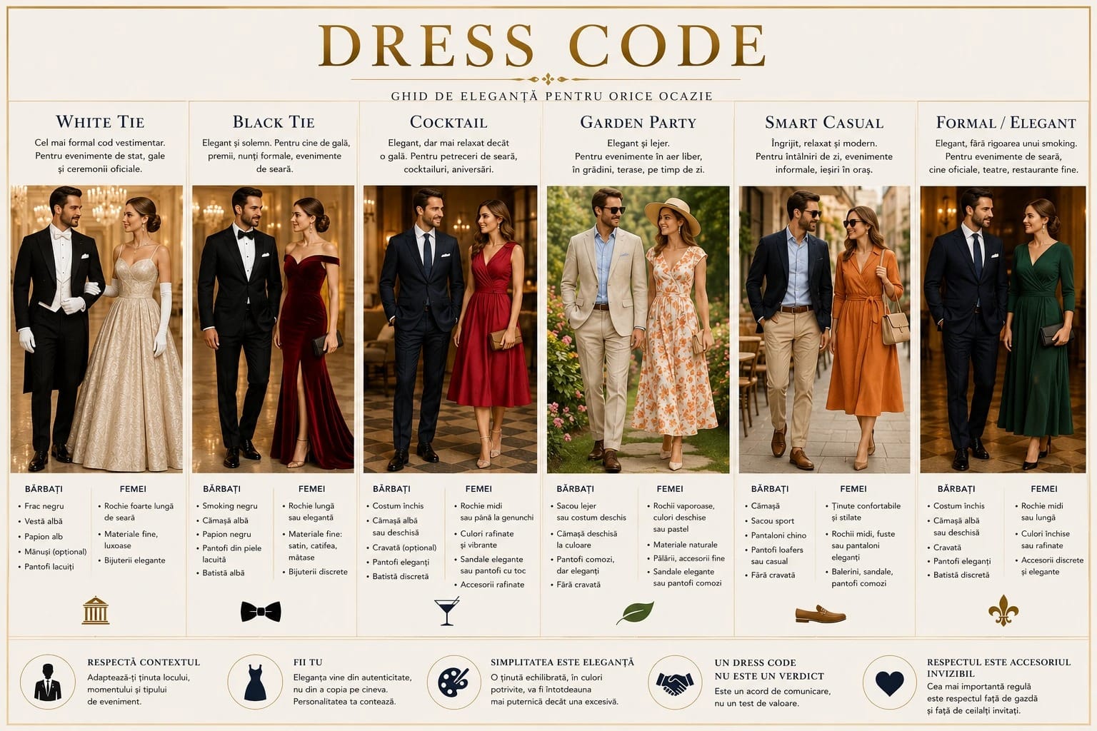Infografic cu șase coduri vestimentare — White Tie, Black Tie, Cocktail, Garden Party, Smart Casual, Formal/Elegant — cu ținute pentru bărbați și femei