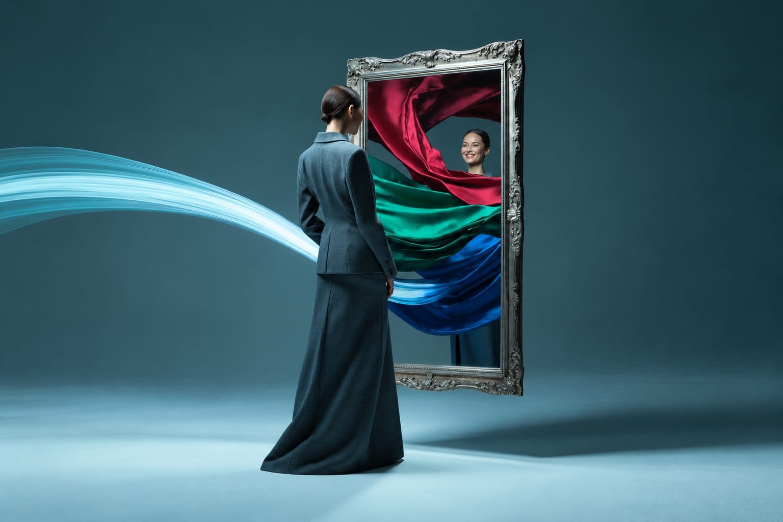 Donna con abito elegante e postura sicura, sguardo diretto: prima impressione e potere dell'immagine personale