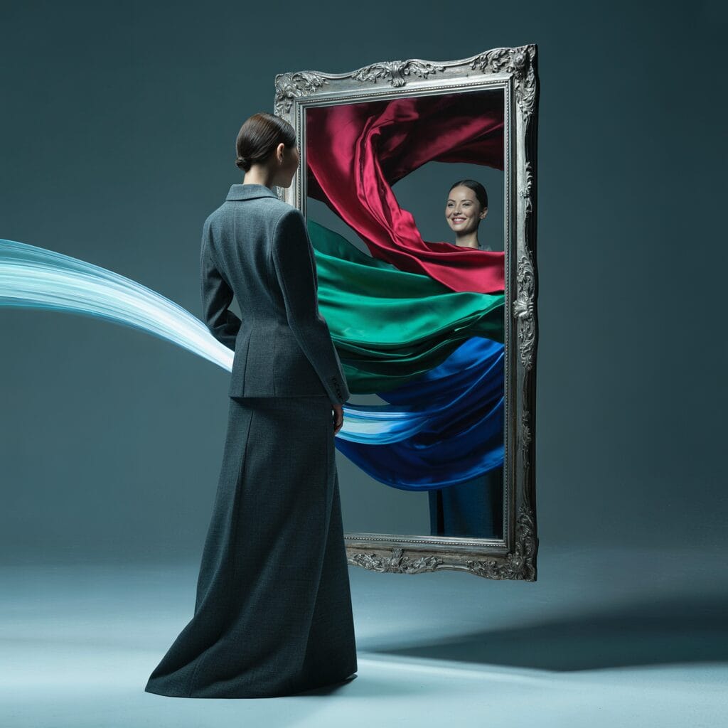 Donna con abito elegante e postura sicura, sguardo diretto — prima impressione e potere dell'immagine personale