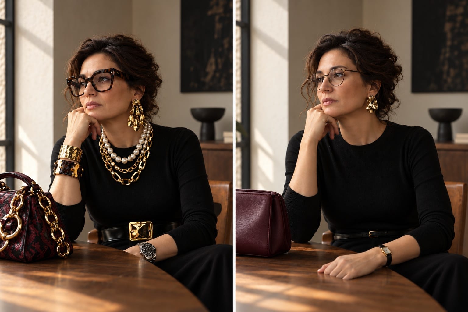 Aceeași ținută neagră, cu accesorii care concurează pentru atenție și cu un accent clar pe cercei.