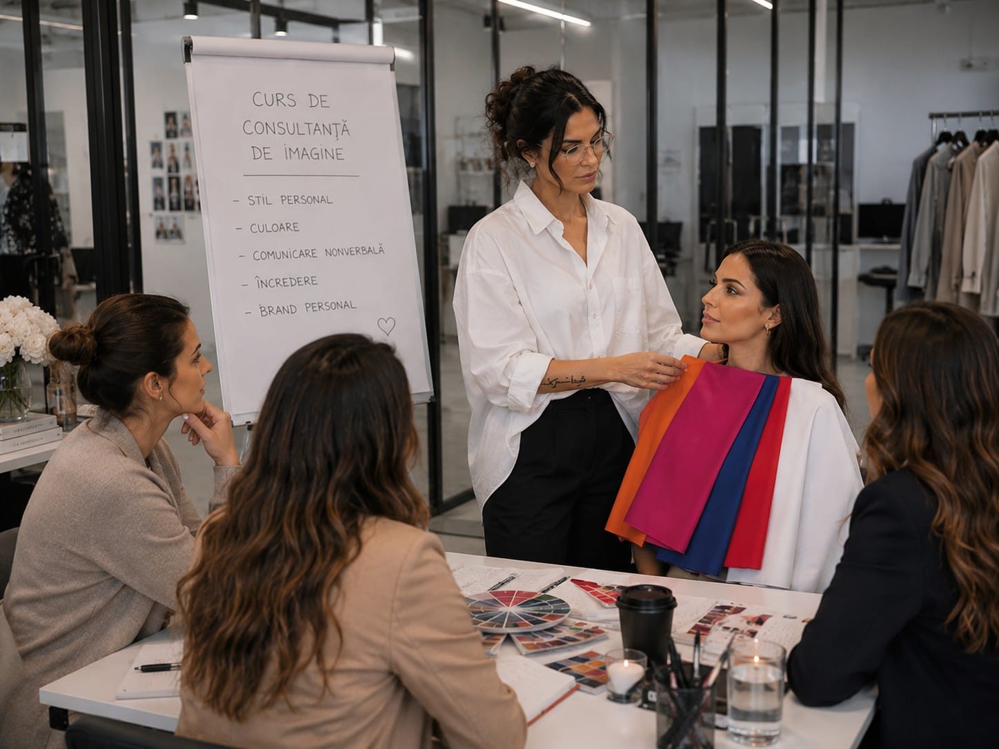 Aura Anghel susținând un curs de consultanță de imagine: analiză de culori cu cursantele