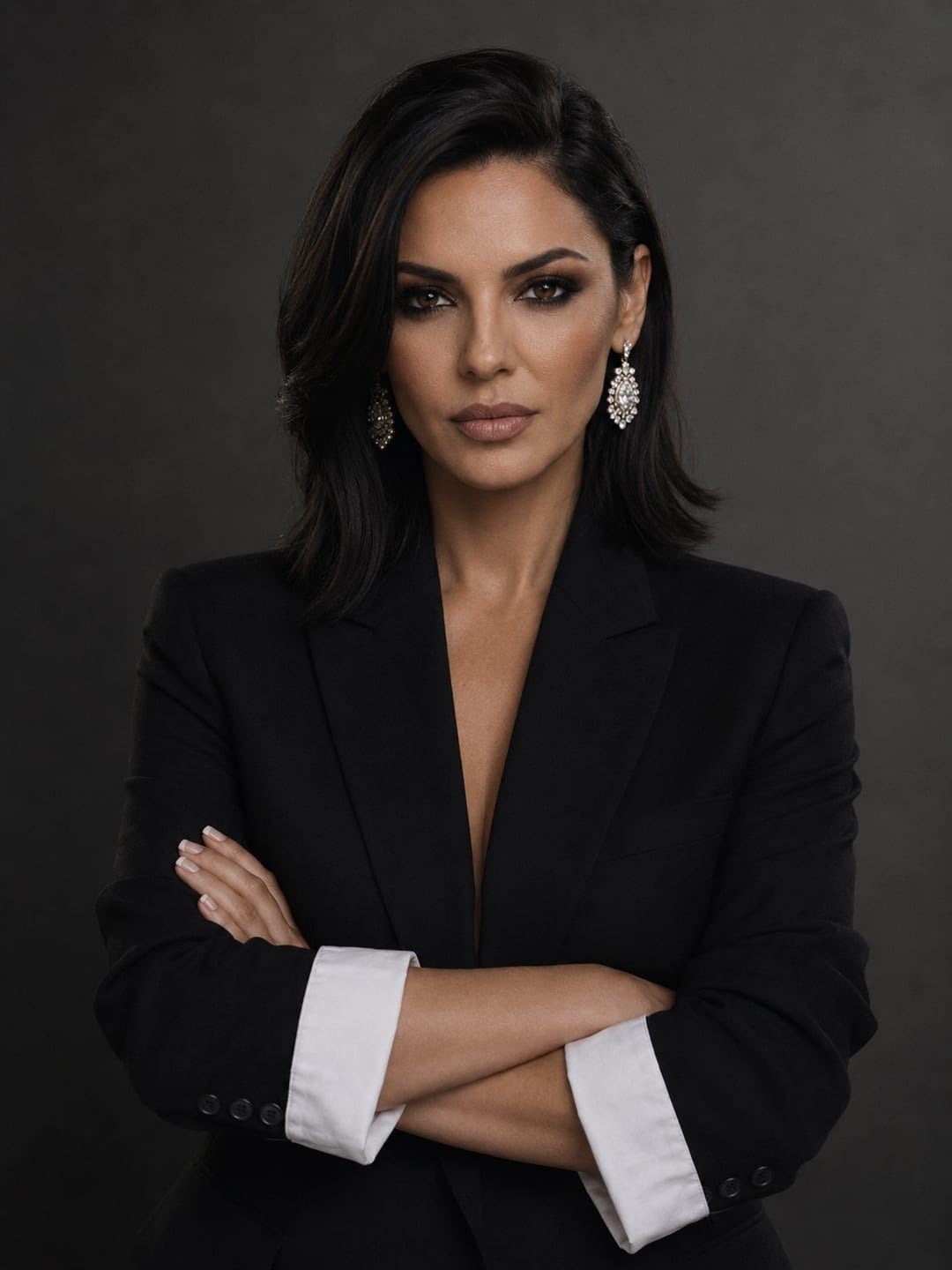 Aura Anghel, consultant de imagine — blazer negru, brațe încrucișate, privire directă