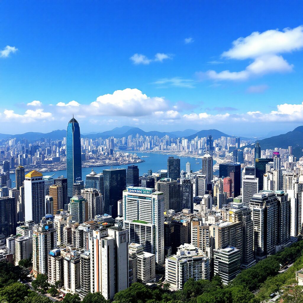 Imagine de zi cu Victoria Harbour în Hong Kong, surprinzând arhitectura modernă, viața urbană și atmosfera culturală din timpul festivalului de modă.  