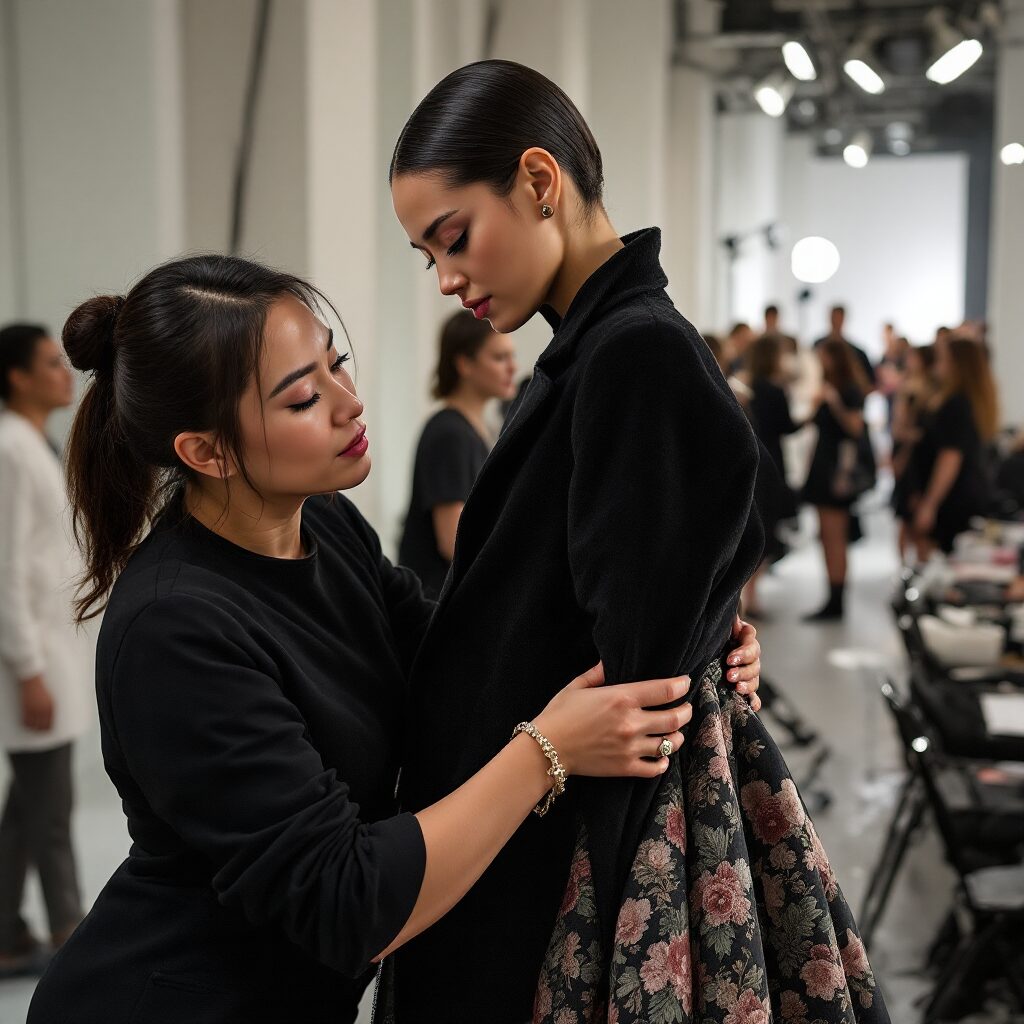 Imagine din culisele unui eveniment de modă din Hong Kong, surprinzând modele, designeri și stiliști în momente de pregătire intensă, între emoție, creativitate și dinamismul specific backstage-ului.