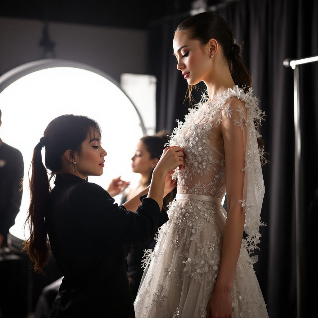 Imagine din culisele unui eveniment de modă din Hong Kong, surprinzând modele, designeri și stiliști în momente de pregătire intensă, între emoție, creativitate și dinamismul specific backstage-ului.