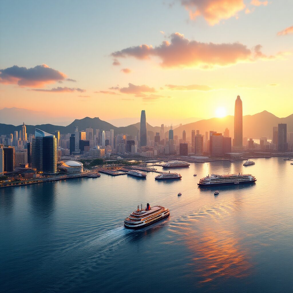 Panoramă  din Hong Kong cu zgârie-nori luminați – simbol al energiei creative și al mixului cultural din festivalul de modă Nexus.