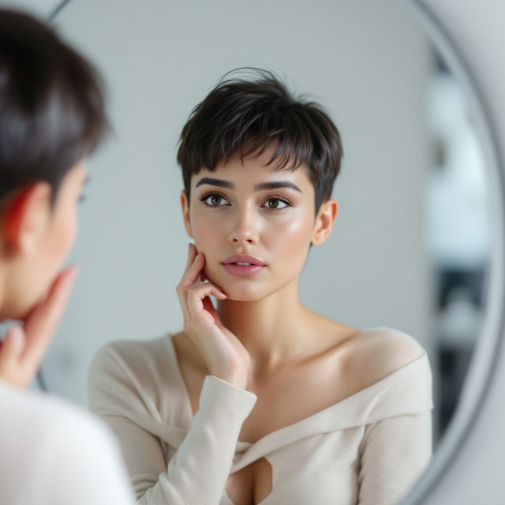 Prima Impresie Contează: Puterea Nevăzută a Imaginii în Relațiile Umane 2 Femeie elegantă care se privește atent în oglindă, exprimând reflecție, respect de sine și importanța esteticii în imaginea personală.