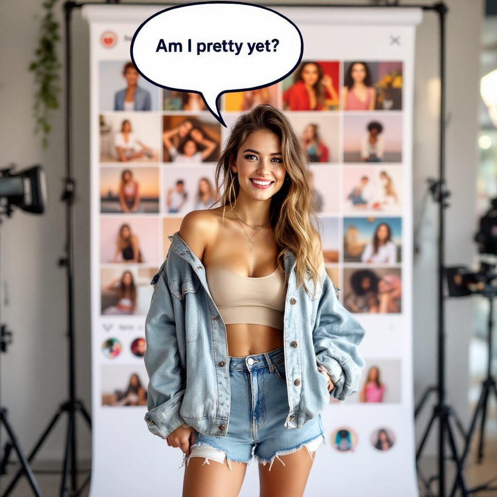 Cum să-ți recapeți stilul personal când nu te mai regăsești în imaginea ta 3 Tinere urmăresc reacțiile din social media după o postare, simbolizând dependența de validare digitală și ruptura față de autenticitatea personală.