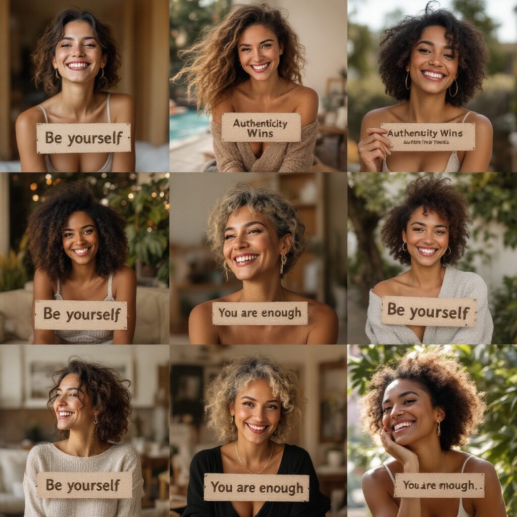 Cum să-ți recapeți stilul personal când nu te mai regăsești în imaginea ta 1 Grup de femei zâmbitoare, de vârste și etnii diferite, ținând pancarte cu mesaje despre autenticitate, acceptarea imperfecțiunilor și frumusețea naturală.