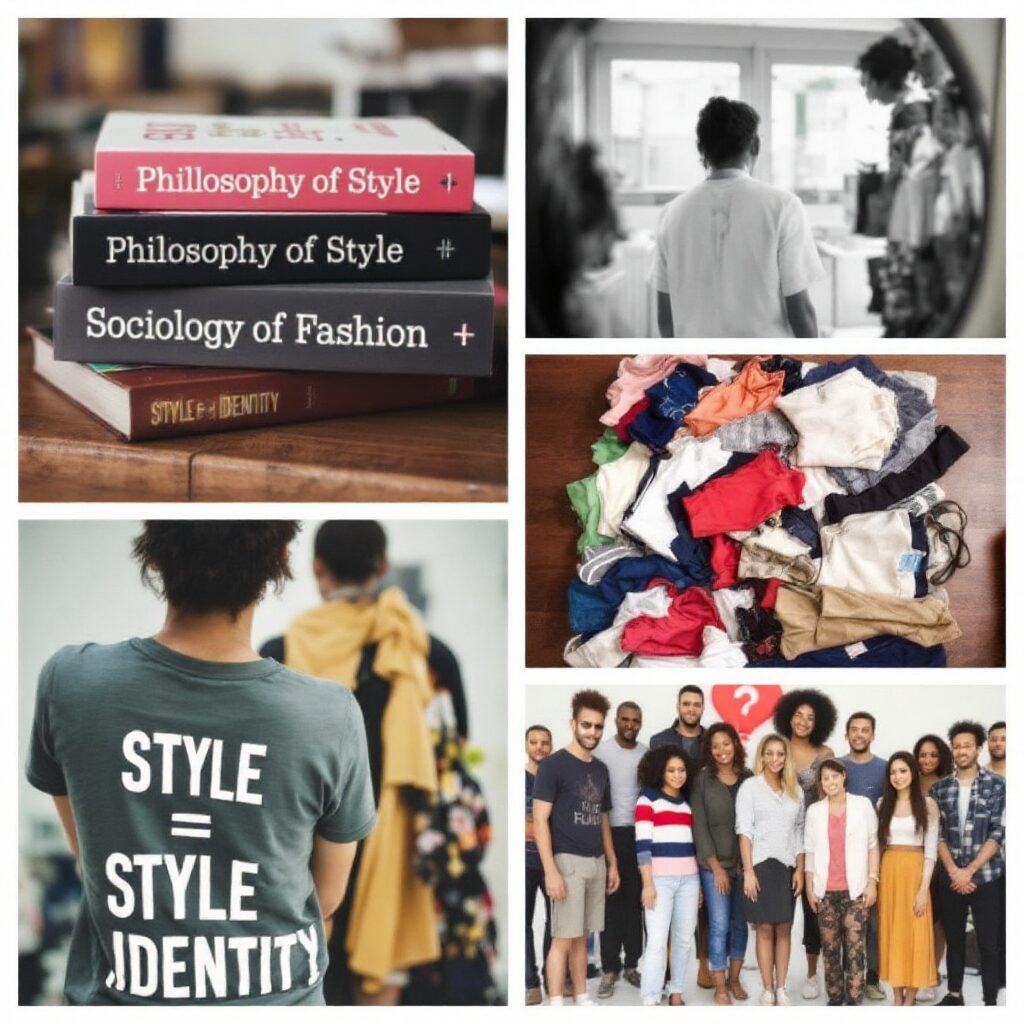 Cum să-ți recapeți stilul personal când nu te mai regăsești în imaginea ta 5 Colaj cu elemente despre stil și identitate: cărți de teorie vestimentară, haine colorate așezate pe masă, persoane diverse privind în oglindă și purtând tricouri cu mesaje despre stil și individualitate.