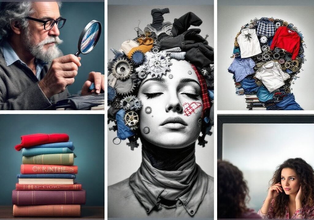 Cum să-ți recapeți stilul personal când nu te mai regăsești în imaginea ta 6 Colaj conceptual despre relația dintre stilul personal și identitate, cu imagini reprezentând cărți despre modă și sociologie, o femeie stilizată cu elemente vestimentare în păr, haine aranjate în forma unui cap uman și figuri care reflectă introspecția în fața oglinzii.