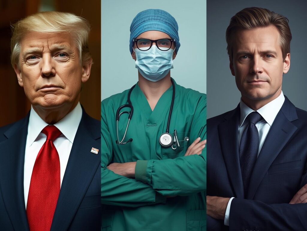 presedinte de stat cu cravata rosie doctor chirurg cu halat verde manager cu costum bleumarin moodboard