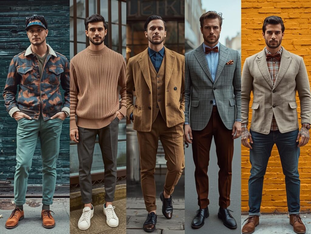 uomo 5 outfit diverse imagini reale • urban casual bussiness homless. 5 outfituri diverse.colorate moodboard