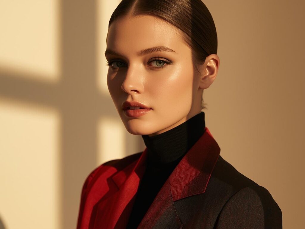 Beautiful woman portrait showing the effect of wearing the right colors healthy luminous skin soft golden light minimal elegant style professional fashion photography