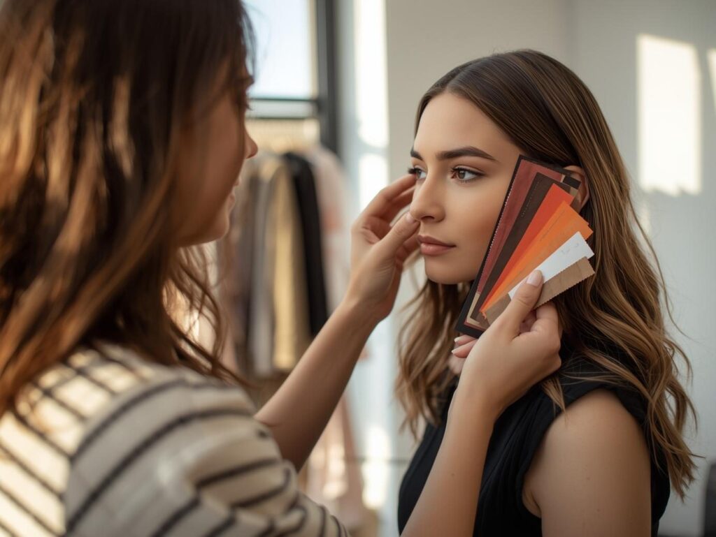 Female fashion consultant draping seasonal color fabrics next to a clients face analyzing skin tone and color harmony bright modern studio warm natural lighting professional beauty consultation scene