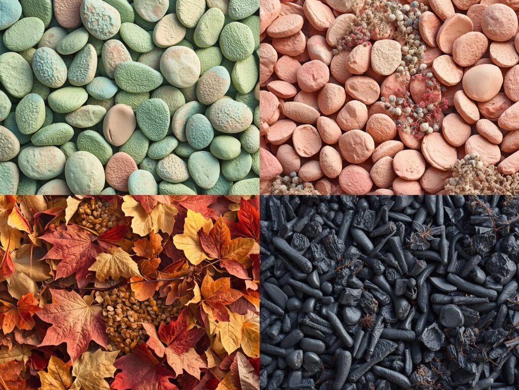 Four seasonal color palettes arranged in quadrants spring pastels summer muted tones autumn warm earth tones winter bold contrast colors intens flat lay on white background minimal design