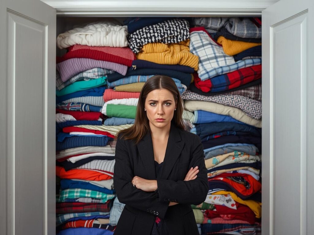 Femeie în fața garderobei pline.De ce garderoba nu funcționează